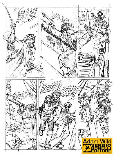Tavola a matita dal primo numero di Adam Wild - disegni di Alessandro Nespolino