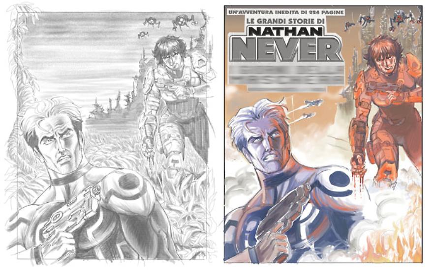 Matita e prova colore della copertina di Le Grandi Storie di Nathan Never 2.