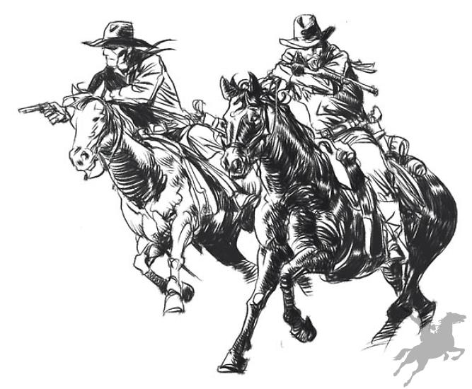 Studio di Tex e Carson a cavallo (disegno di Mario Alberti).