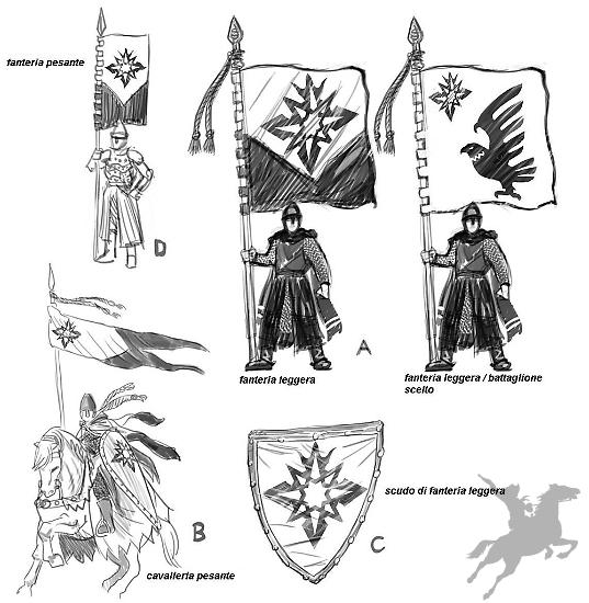 Esempi di vessilli e scudi con il simbolo imperiale - disegni di Giancarlo Olivares.