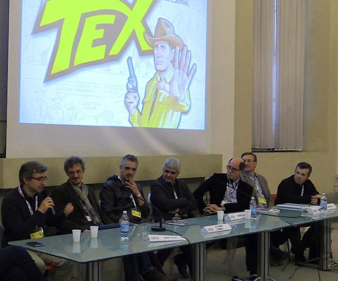 Presentazione dell'annata di Tex. Da sinistra a destra: Venturi, Alberti, Piccinelli, Ruju, Boselli, Civitelli e Villa.