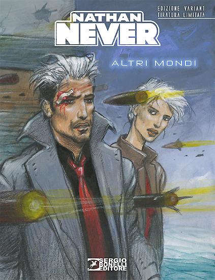 La copertina che Enki Bilal ha illustrato per l'edizione variant di Nathan Never 300, in vendita, in anteprima, durante il Comicon.