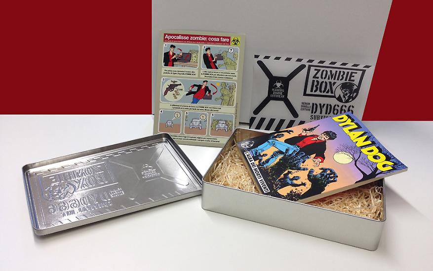 Il contenuto della metal box che racchiude l'esclusiva ristampa del numero 1 di Dylan Dog a prova di zombie!