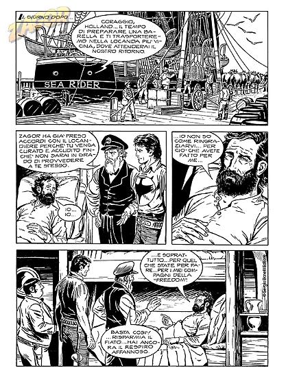 Una tavola di "Terranova!". Testi di Moreno Burattini, disegni di Roberto Piere.