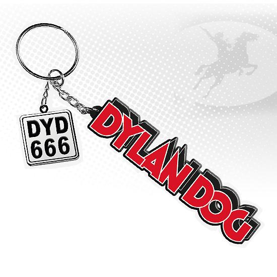 Portachiavi Dylan Dog con logo rosso e dettaglio della targa del maggiolone.