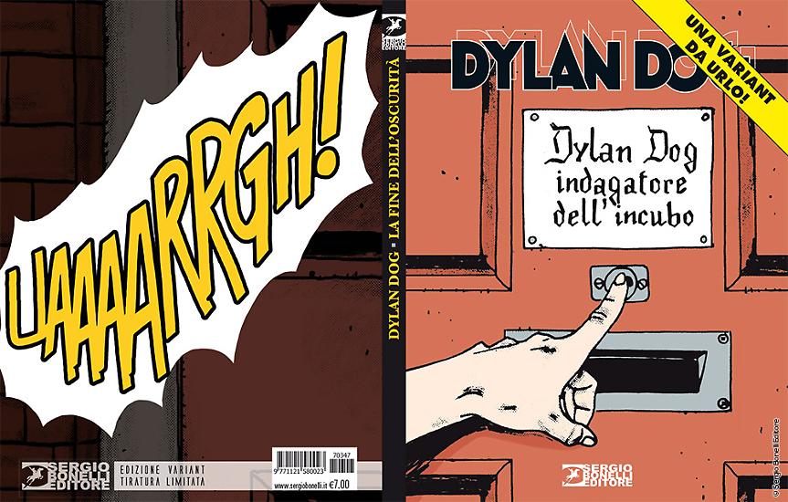 La copertina e la quarta di copertina dell'edizione variant a tiratura limitata di "La fine dell'oscurità", Dylan Dog n. 374. Disegno di Angelo Stano.