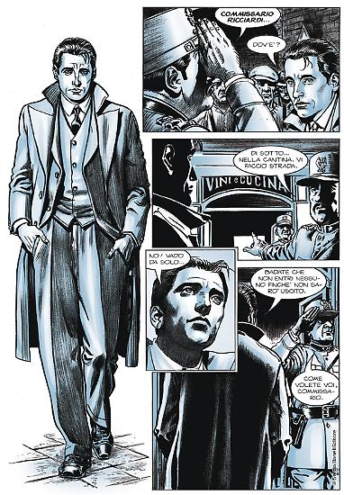 Una tavola di "Il senso del dolore", Le Stagioni del Commissario Ricciardi n.1. Testi di Claudio Falco, disegni di Daniele Bigliardo.