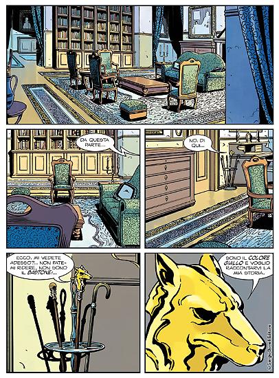 Una tavola di "Il colore giallo", Mercurio Loi n. 8. Testi di Alessandro Bilotta, disegni di Matteo Mosca