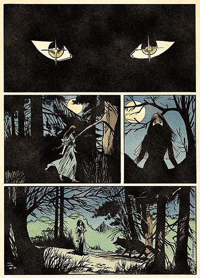 Una tavola di "Le notti della luna piena", I Dylan Dog di Tiziano Sclavi. Disegni di Montanari & Grassani.