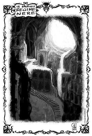 Un disegno di Giancarlo Olivares degli interni dell'Isola elfica volante.