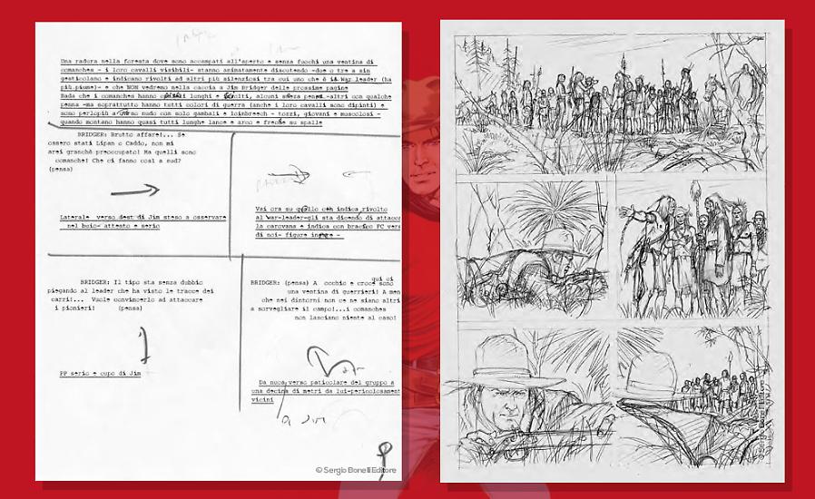 La sceneggiatura di Boselli per tavola 13 di “Nueces Valley” e il disegno di lavorazione a matita di Del Vecchio.