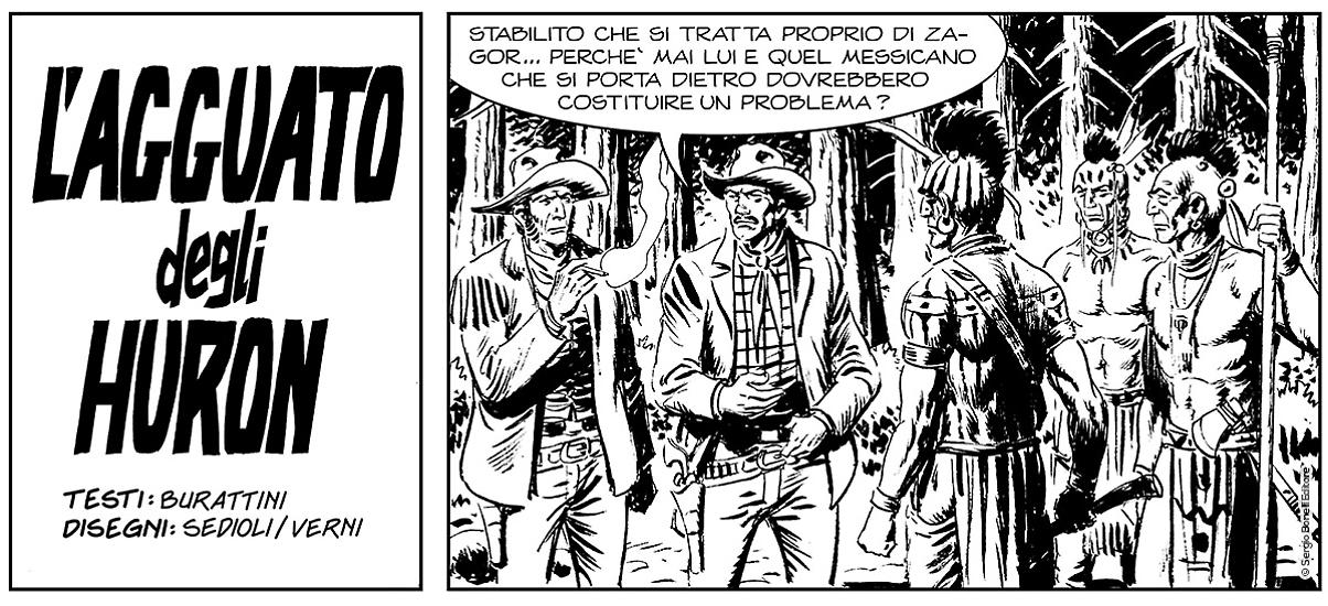 Una striscia da "L'agguato degli Huron", Collana Darkwood n. 3. Testi di Moreno Burattini, disegni di Gianni Sedioli e Marco Verni.
