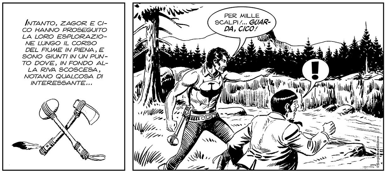 Una striscia da "L'agguato degli Huron", Collana Darkwood n. 3. Testi di Moreno Burattini, disegni di Gianni Sedioli e Marco Verni.