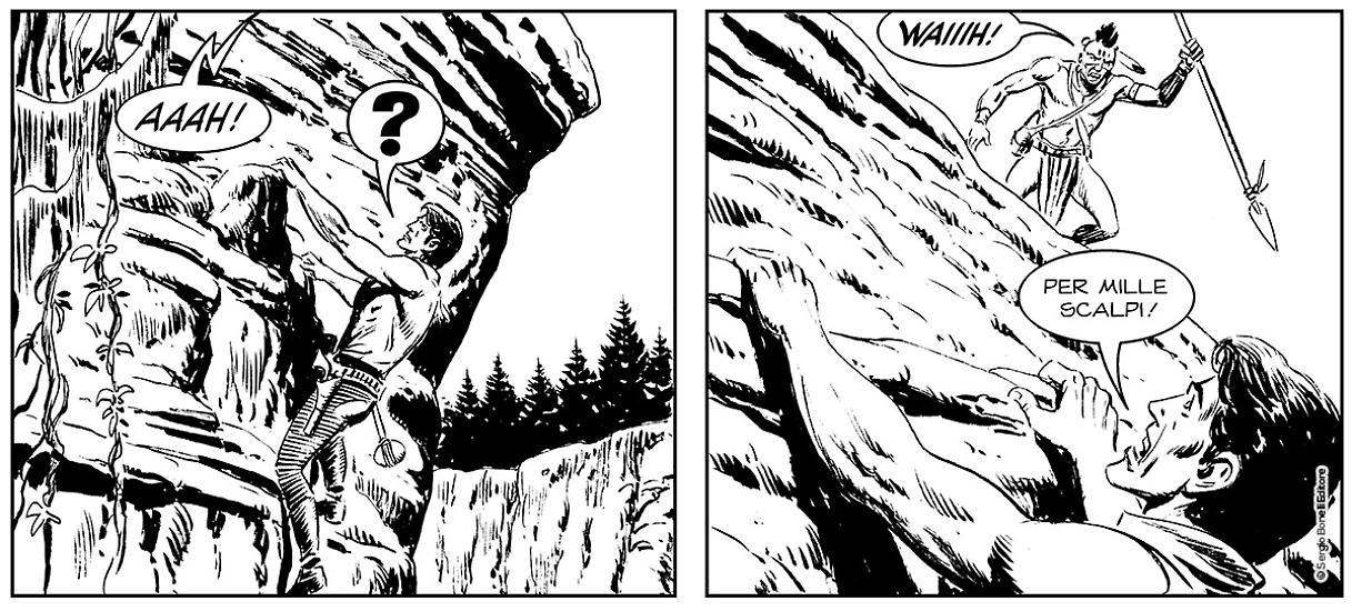 Una striscia da "L'agguato degli Huron", Collana Darkwood n. 3. Testi di Moreno Burattini, disegni di Gianni Sedioli e Marco Verni.