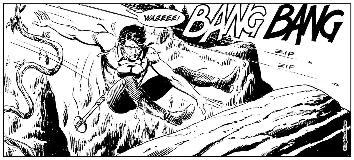 Una striscia da "L'agguato degli Huron", Collana Darkwood n. 3. Testi di Moreno Burattini, disegni di Gianni Sedioli e Marco Verni.