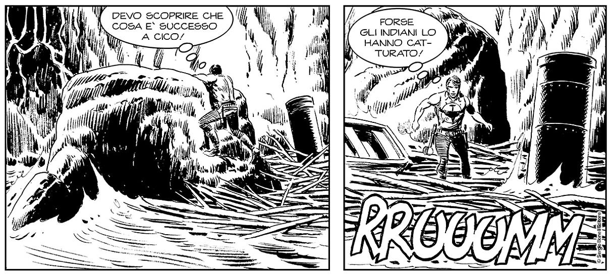 Una striscia da "L'agguato degli Huron", Collana Darkwood n. 3. Testi di Moreno Burattini, disegni di Gianni Sedioli e Marco Verni.