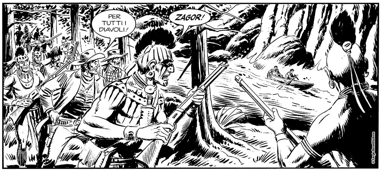 Una striscia da "Wendat, lo spietato", Collana Darkwood n. 4. Testi di Moreno Burattini, disegni di Gianni Sedioli e Marco Verni.
