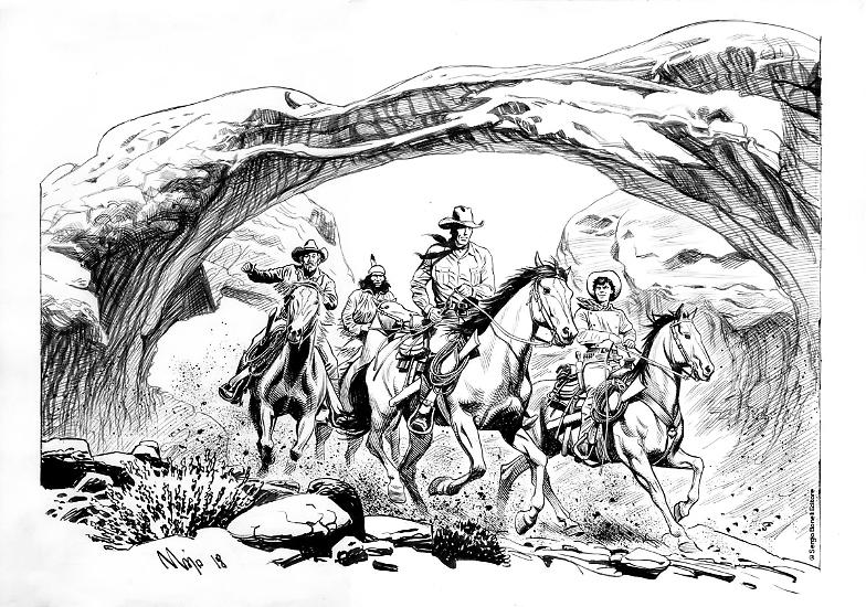 Un'illustrazione di Majo raffigurante Tex e i suo pards.