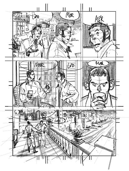 Uno storyboard di Massimiliano Bergamo per "Nascondino", Marcurio Loi n.14.