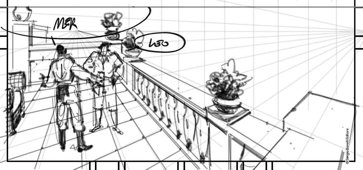 Una fase della realizzazione di una vignetta di Massimiliano Bergamo per "Nascondino", Mercurio Loi n.14.