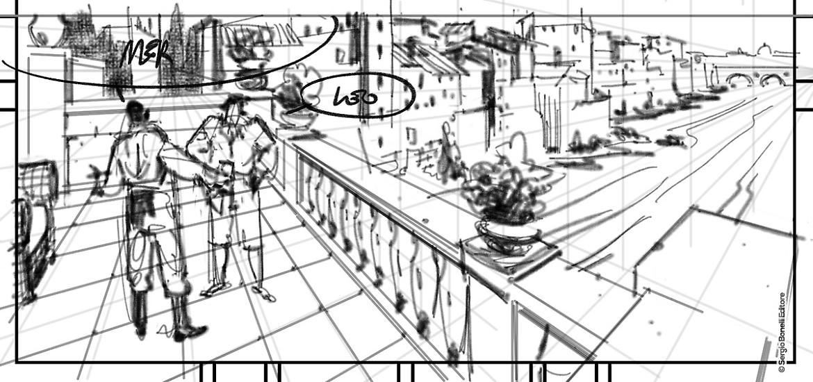 Una fase della realizzazione di una vignetta di Massimiliano Bergamo per "Nascondino", Mercurio Loi n.14.