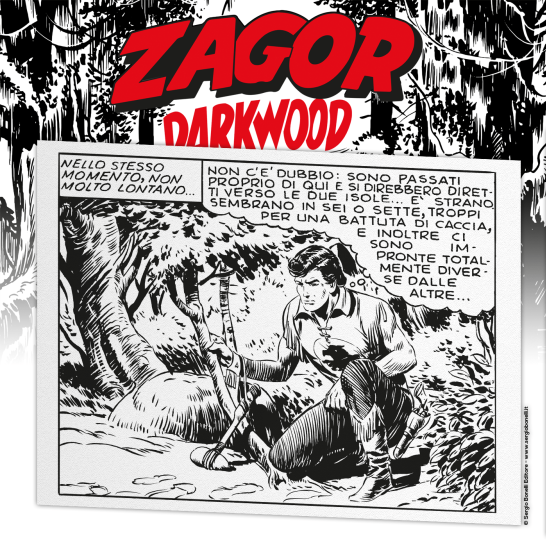 Una prestigiosa stampa della prima vignetta nella quale appare Zagor, anche questa in esclusiva per lo Zagor Darkwood Box!