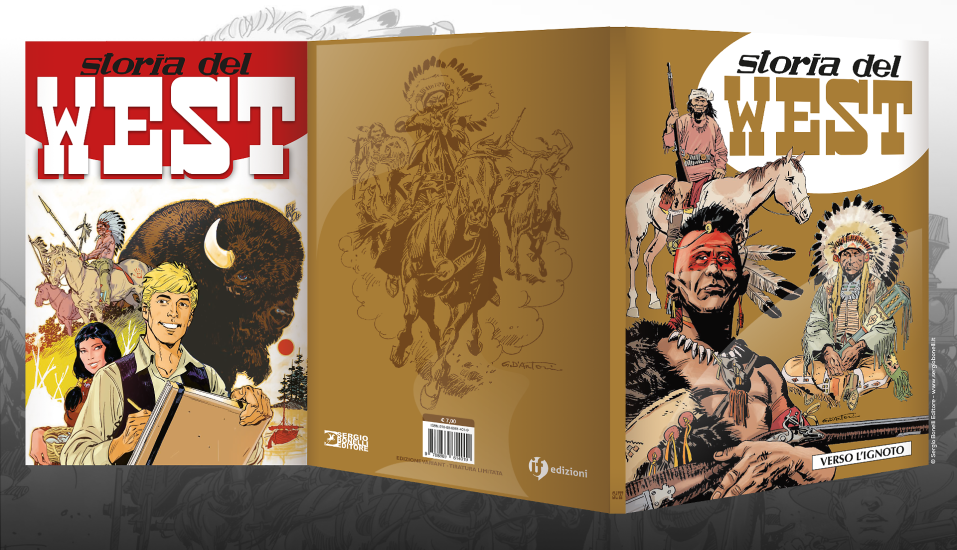 La variant cover di Storia del West, dorata e con un'aletta dedicata ad un'illustrazione di Michele Benevento.