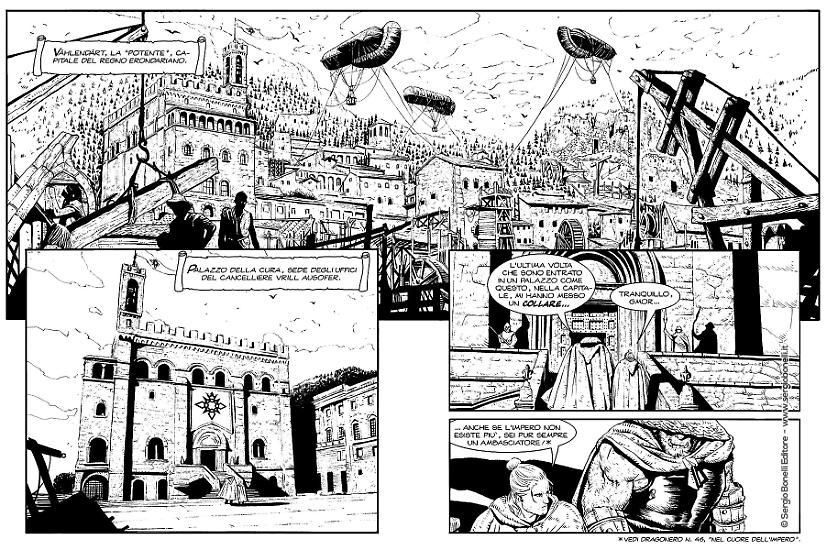 Una tavola di Salvatore Porcaro da "Il pianto rosso", Dragonero n.72. Testi di Luca Enoch.