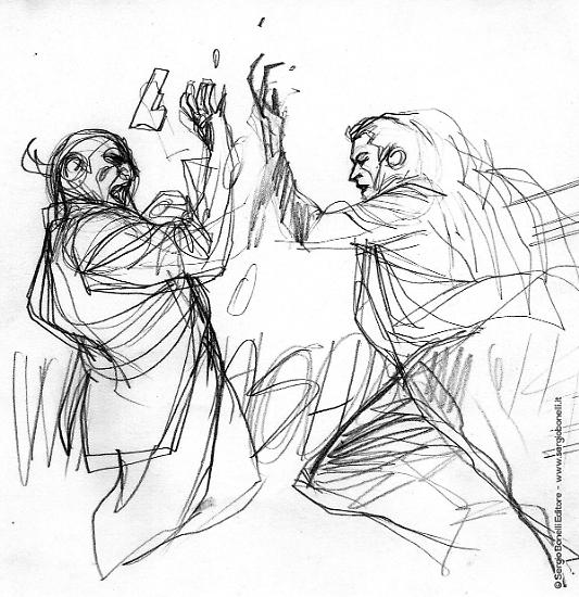 Studi, schizzi e fasi di lavorazione di Nicola Genzianella per alcune tavole di Dampyr 230 "Le ragazze di Mahogany Hall".