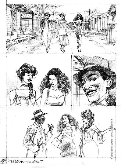 Studi, schizzi e fasi di lavorazione di Nicola Genzianella per alcune tavole di Dampyr 230 "Le ragazze di Mahogany Hall".
