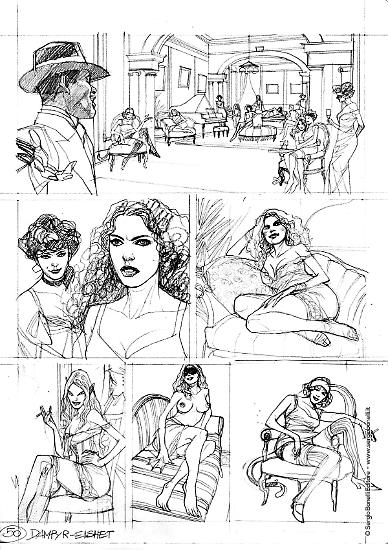 Studi, schizzi e fasi di lavorazione di Nicola Genzianella per alcune tavole di Dampyr 230 "Le ragazze di Mahogany Hall".