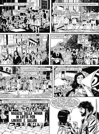 Una tavola di "Cani sciolti. Milano, 12 dicembre". Testi di Gianfranco Manfredi, disegni di Roberto Rinaldi.
