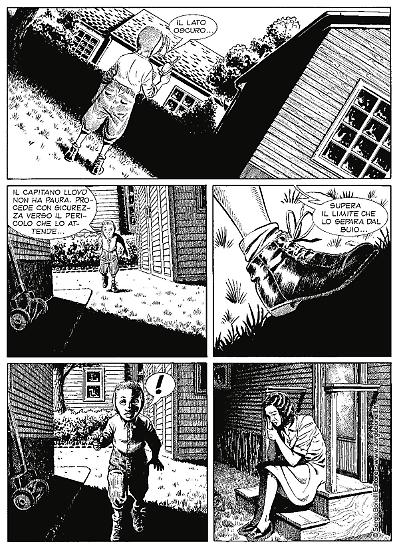Una tavola di "Il lato oscuro della Luna". Testi di Alessandro Bilotta, disegni di Matteo Mosca.