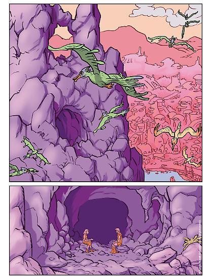Una tavola di Odessa Rivelazioni n.1 "Fine di un mondo", disegni e colori di Patrizia Mandanici.