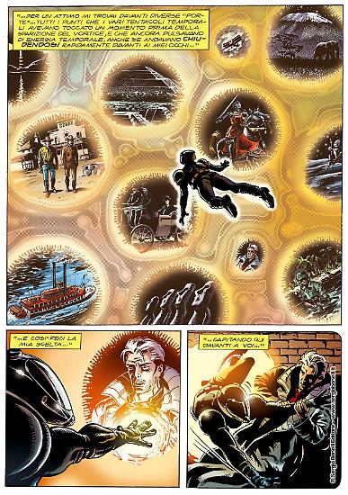Una tavola di "Nathan Never. Un Nuovo Futuro", Testi Serra, disegni Simeoni e Olivares, colori Miola e Giorgi.