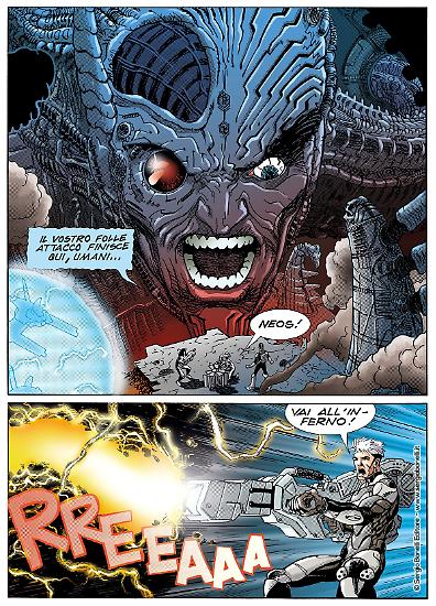 Una tavola di "Nathan Never. Un Nuovo Futuro", Testi Serra, disegni Simeoni e Olivares, colori Miola e Giorgi.