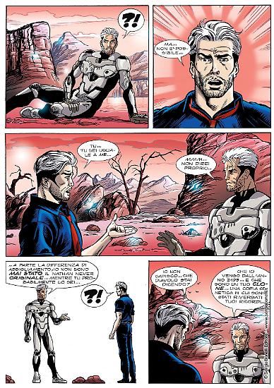 Una tavola di "Nathan Never. Un Nuovo Futuro", Testi Serra, disegni Simeoni e Olivares, colori Miola e Giorgi.