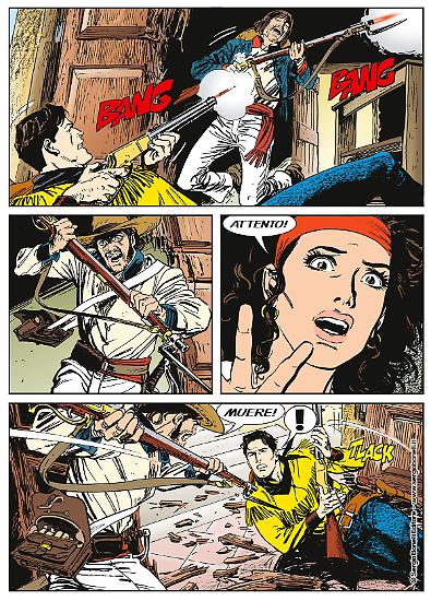 Una tavola tratta dal volume, testi di Mauro Boselli, disegni di Bruno Brindisi, colori GFB Comics.