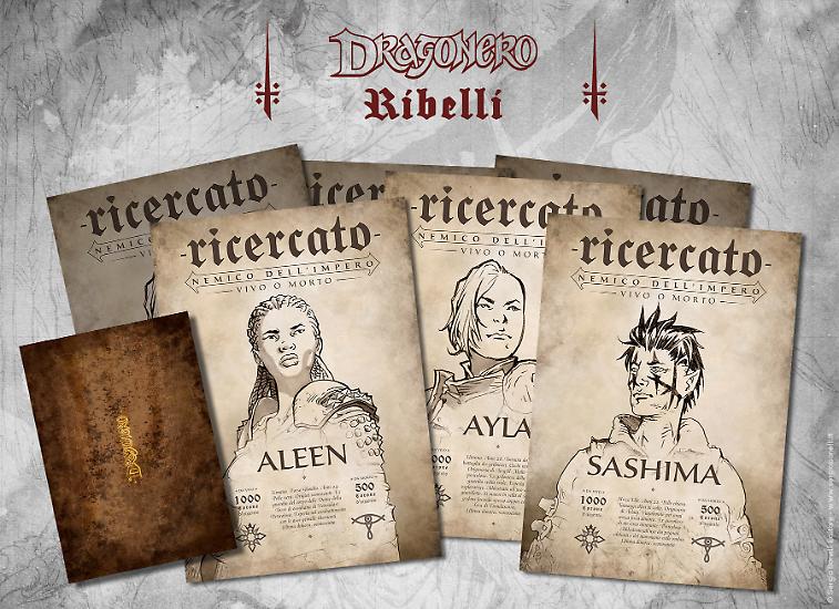Vi mostriamo alcuni dei dodici avvisi di taglia che trovate nella Dragonero Ribelli Box.