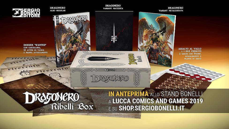 Una visione d'insieme di quanto trovate nella Dragonero Ribelli Box.