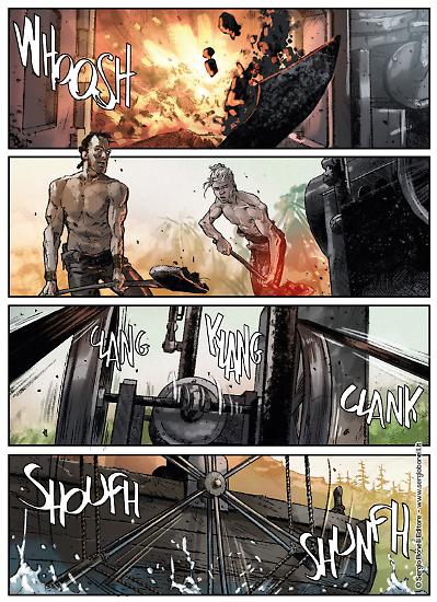 Una tavola in anteprima di "Senzanima. Giungla", testi Luca Enoch, disegni Manolo Morrone, colori Paolo Francescutto.