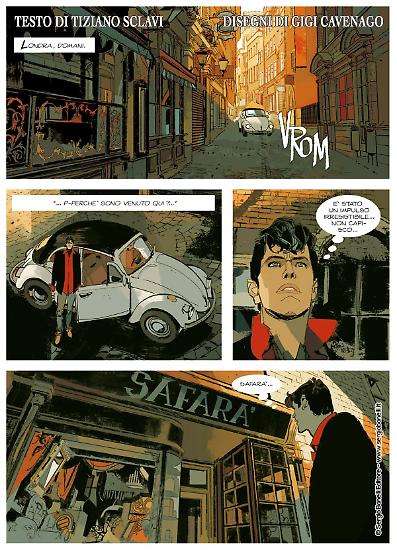 Una tavola di Gigi Cavenago da "Dylan Dog. I racconti di domani - Il libro impossibile". Testi di Tiziano Sclavi. In anteprima a Lucca Comics & Games.