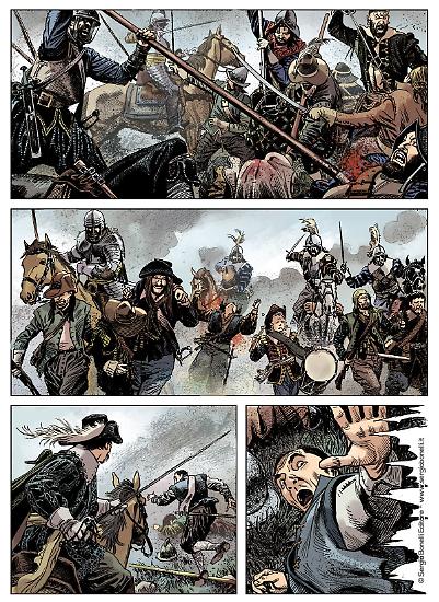 La versione definitiva di una tavola di "Il Cavaliere di Roccabruna", Dampyr n.241, con i colori di Matteo Vattani.