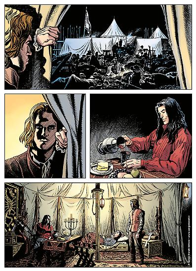 La versione definitiva di una tavola di "Il Cavaliere di Roccabruna", Dampyr n.241, con i colori di Matteo Vattani.