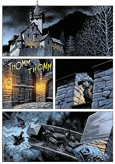 La versione definitiva di una tavola di "Il Cavaliere di Roccabruna", Dampyr n.241, con i colori di Matteo Vattani.
