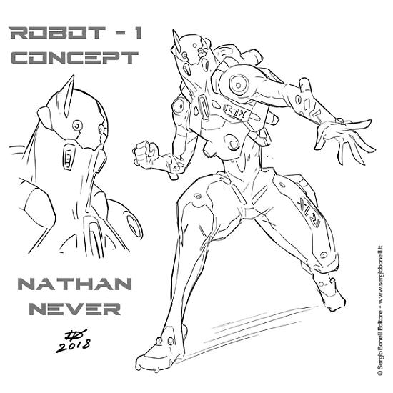 Una studio di Ivan Fiorelli per uno dei robot protagonisti di "La prossima vittima", Nathan Never n.347.