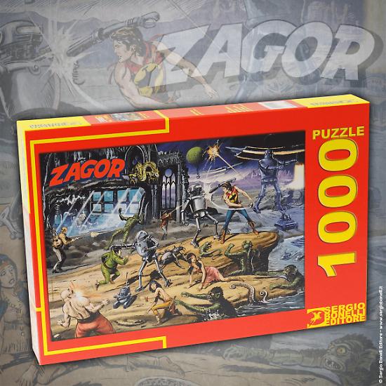 Il puzzle di Zagor, una classica illustrazione di Gallieno Ferri, che ritrae Zagor e Cico alle prese con un variegato gruppo di nemici.