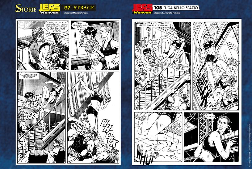 Confronto tra le nuove tavole de Le Storie 97 di Maurizio Gradin e le tavole originali di Legs Weaver 105 di Antonella Platano.