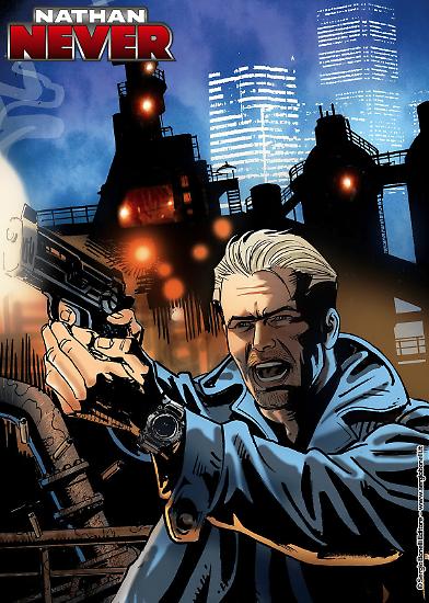 Nathan Never davanti alla Ferriera di Servola in un'illustrazione di Romeo Toffanetti.