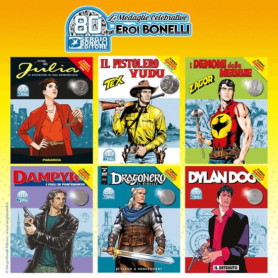 Alcune delle copertine degli albi di aprile dove potrete trovare le medaglie celebrative degli Eroi Bonelli!
